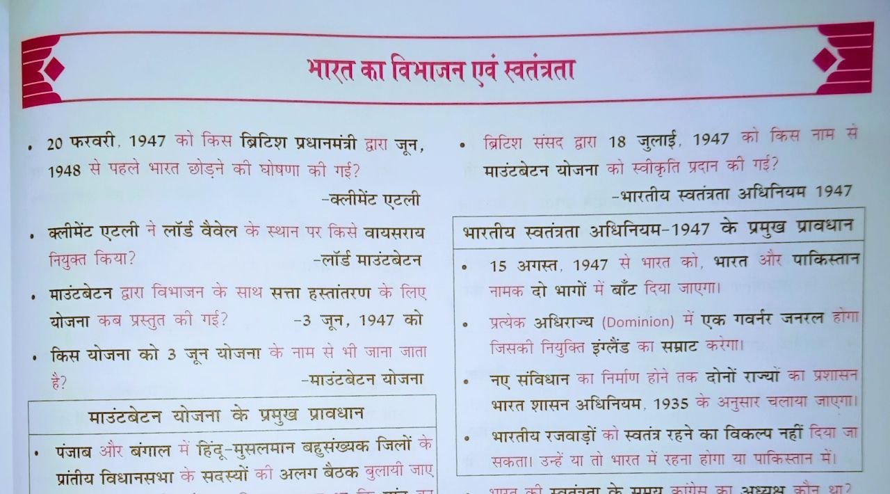 Ncert Based : भारत का विभाजन एवं स्वतंत्रता से संबंधित प्रश्न एवं उत्तर